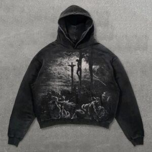 Relaxed Vintage Jesus Cross Print Graphic Casual Street Washed Hoodie - Black, L
