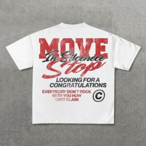 Vintage Move In Silence Graphic Casual Cotton T-Shirt - White, L