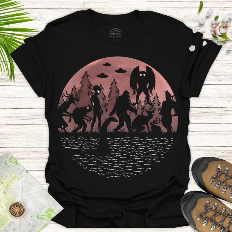Alien & Bigfoot Mystical Forest Shirt – Funny Adventure Tee - black