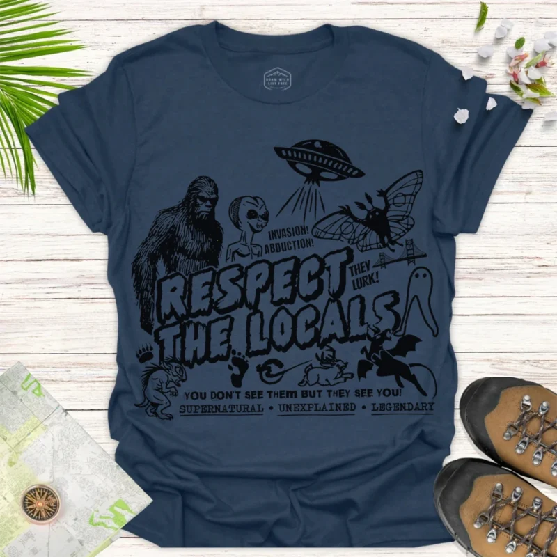 Bigfoot & Alien “Respec’ the Locals” Shirt – Retro UFO Graphic Tee - blue