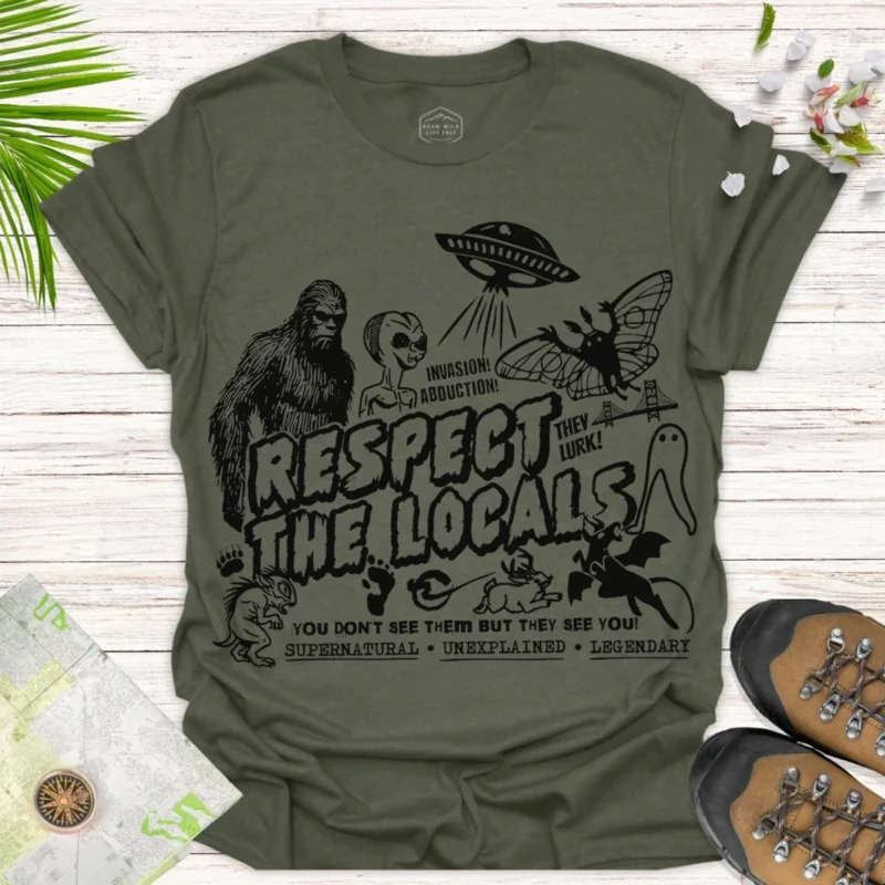Bigfoot & Alien “Respec’ the Locals” Shirt – Retro UFO Graphic Tee - green