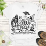 Bigfoot & Alien “Respec’ the Locals” Shirt – Retro UFO Graphic Tee - white