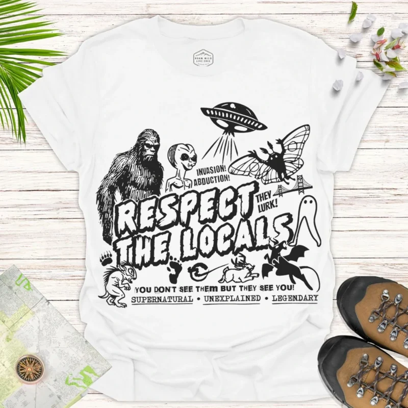 Bigfoot & Alien “Respec’ the Locals” Shirt – Retro UFO Graphic Tee - white
