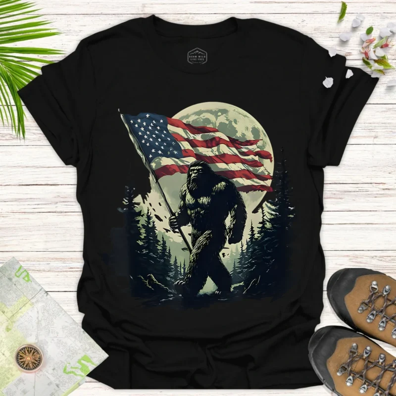 Bigfoot Flag Adventure Tee – Funny American Outdoorsy Shirt - black