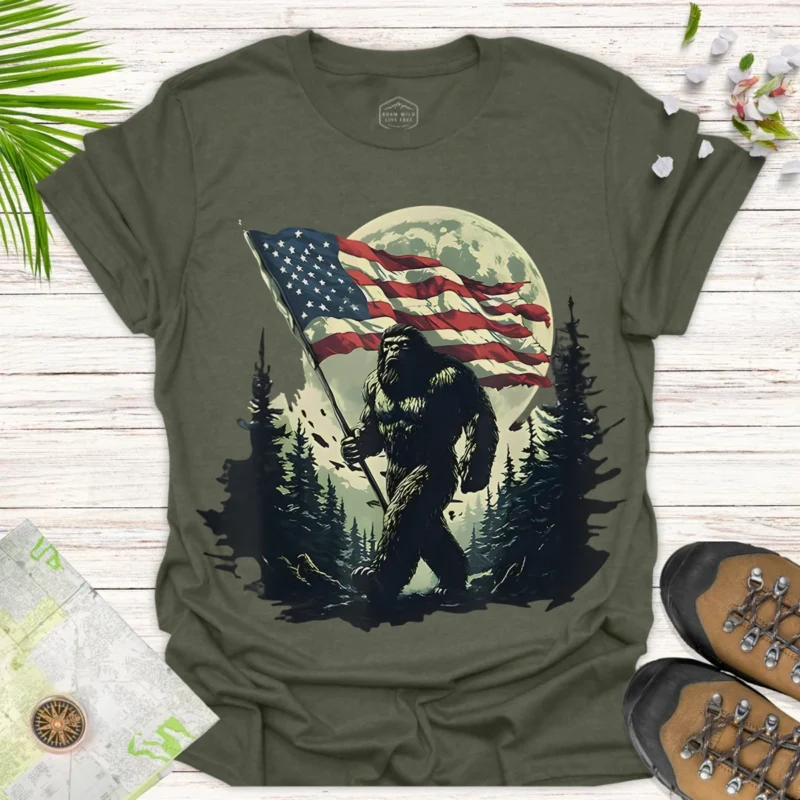 Bigfoot Flag Adventure Tee – Funny American Outdoorsy Shirt - green