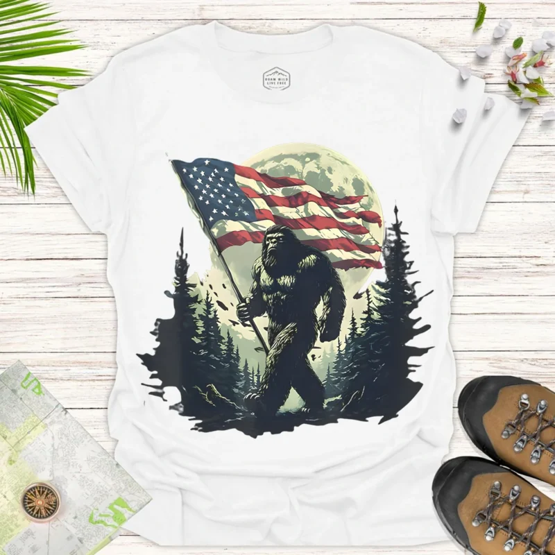 Bigfoot Flag Adventure Tee – Funny American Outdoorsy Shirt - white