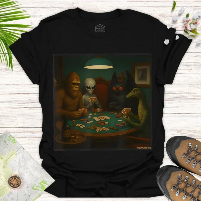 Bigfoot Joins Alien Poker Night – Fun Gamer Graphic Tee - black