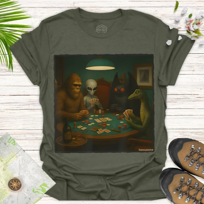 Bigfoot Joins Alien Poker Night – Fun Gamer Graphic Tee - green