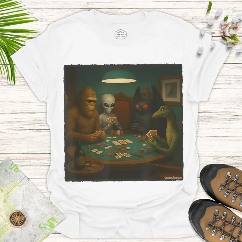 Bigfoot Joins Alien Poker Night – Fun Gamer Graphic Tee - white