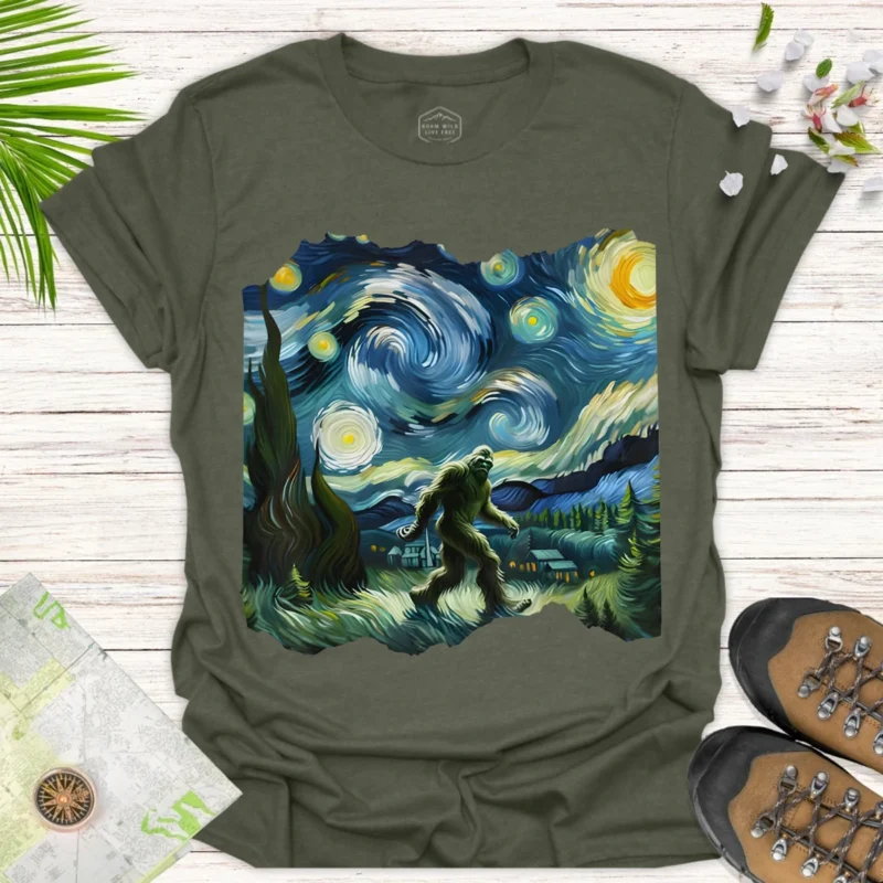 Bigfoot Starry Adventure Tee – Unique Night Sky Graphic Shirt - green