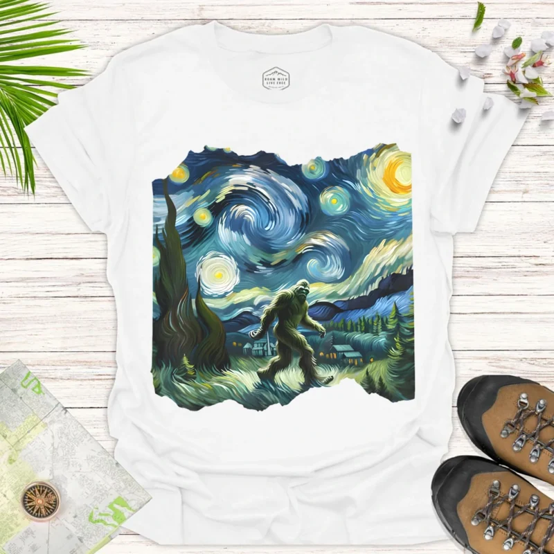 Bigfoot Starry Adventure Tee – Unique Night Sky Graphic Shirt - white