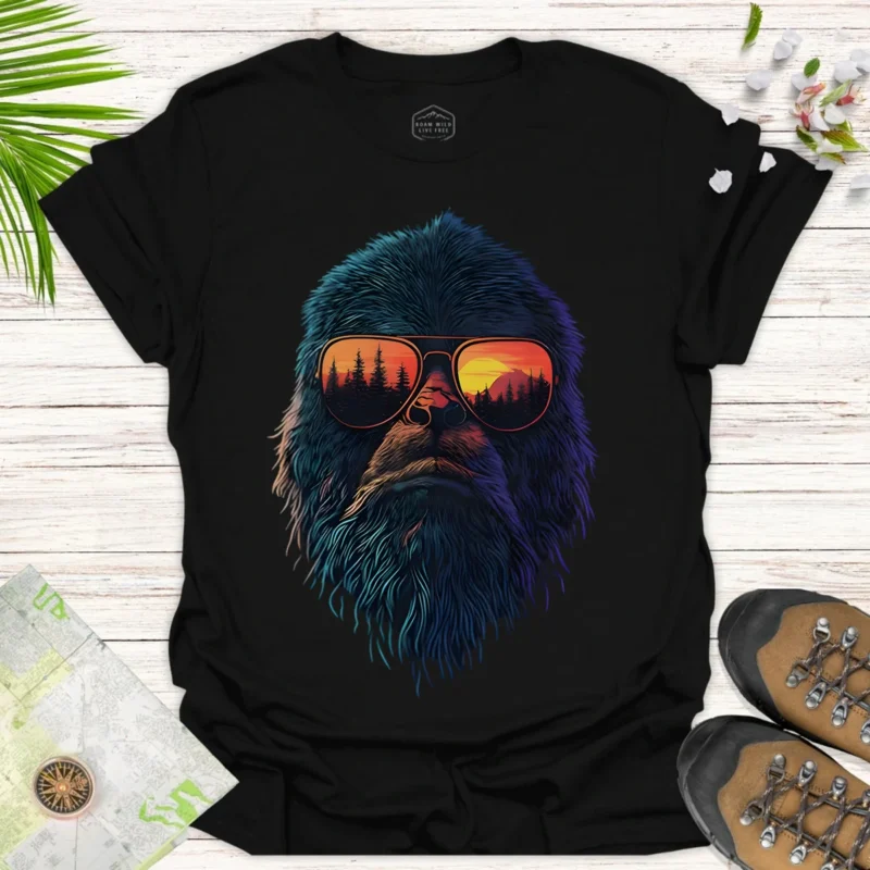 Bigfoot Sunset Tee – Funny Nature Adventure Graphic Shirt - black