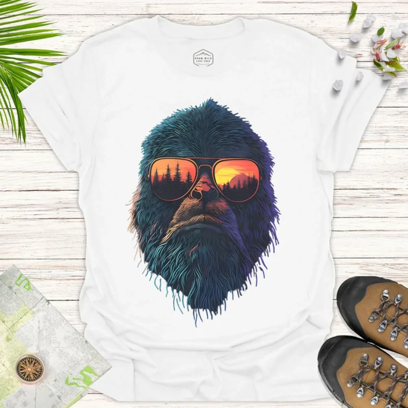 Bigfoot Sunset Tee – Funny Nature Adventure Graphic Shirt - white