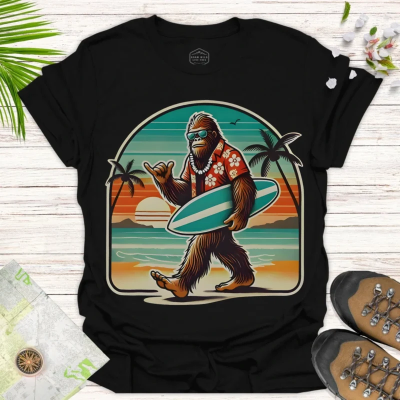 Bigfoot Surf Graphic Tee – Vacation & Beach Lover Shirt-black