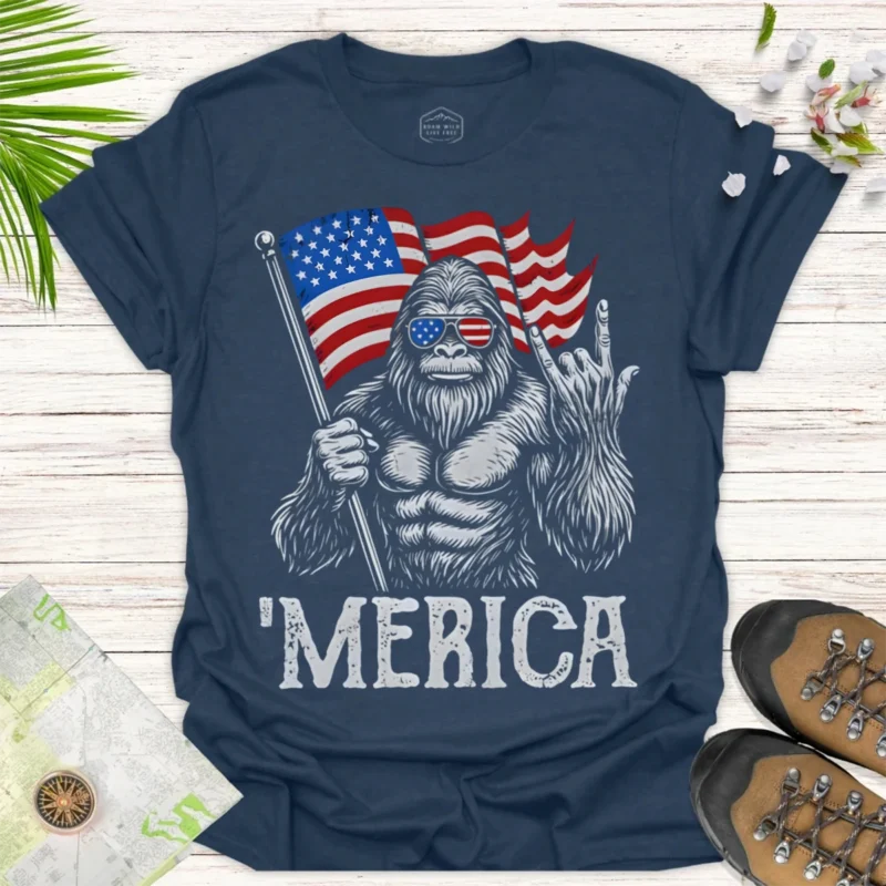 Bigfoot ‘Merica Graphic Tee – Outdoor Adventure Patriot Shirt - blue