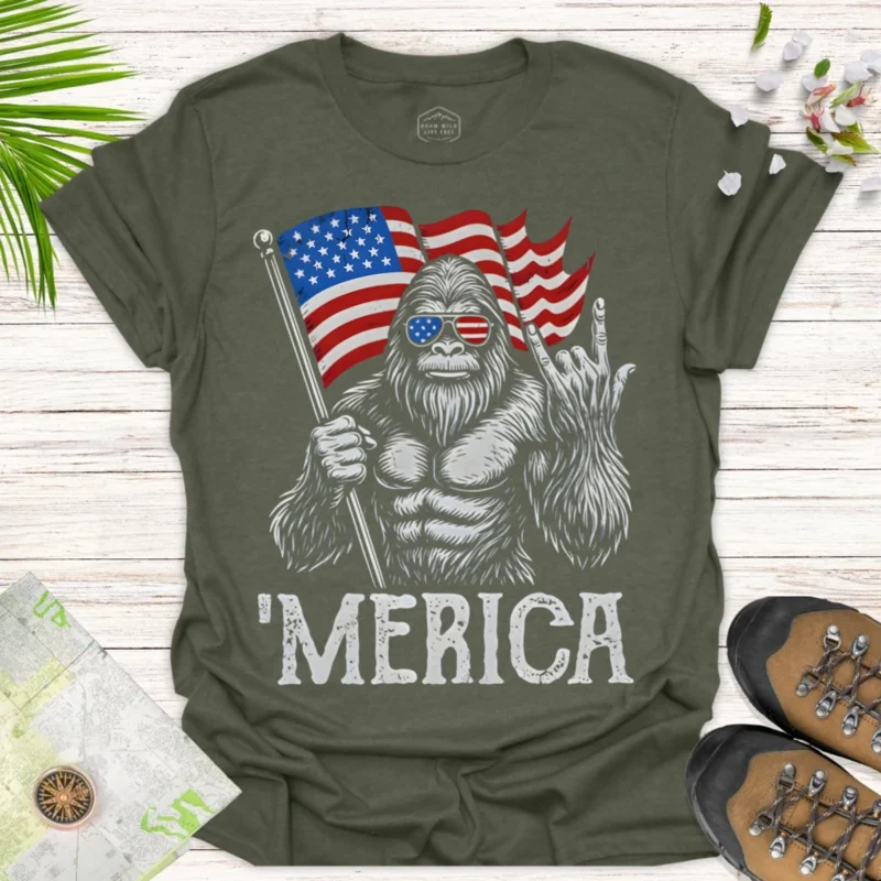 Bigfoot ‘Merica Graphic Tee – Outdoor Adventure Patriot Shirt - green