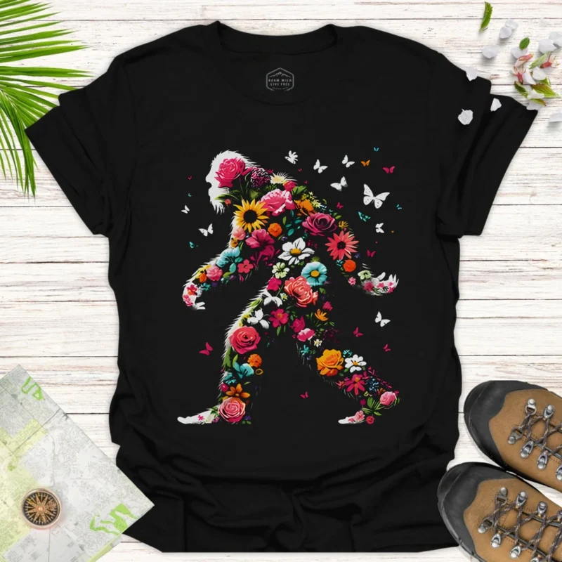 Floral Bigfoot Graphic Tee – Nature Adventure Summer Shirt -black
