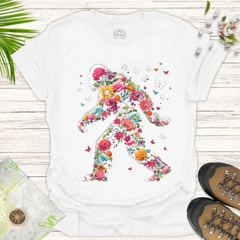Floral Bigfoot Graphic Tee – Nature Adventure Summer Shirt - white