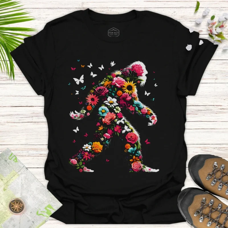 Funny Floral Bigfoot Tee – Wilderness Explorer Casual Shirt - black