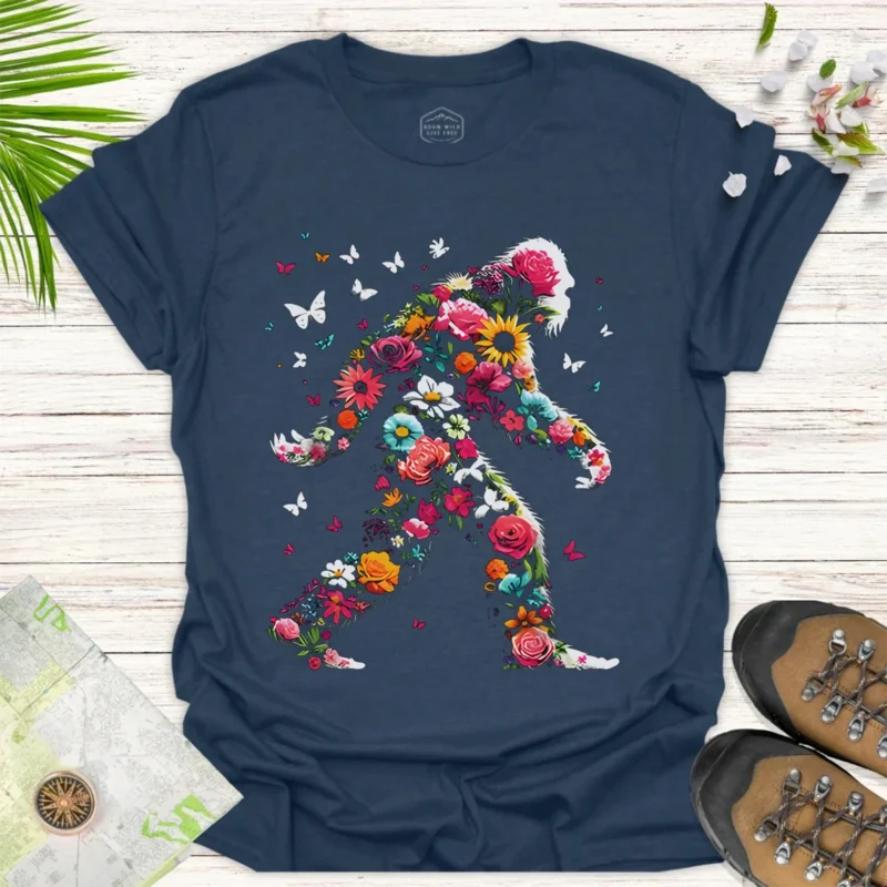Funny Floral Bigfoot Tee – Wilderness Explorer Casual Shirt -blue