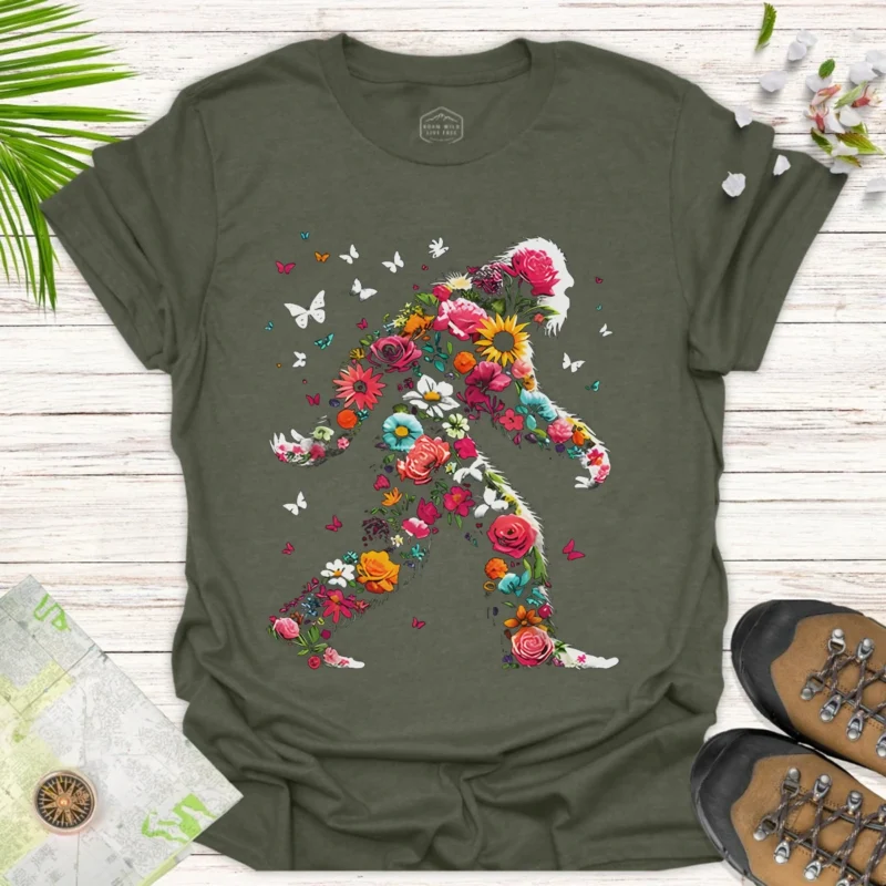Funny Floral Bigfoot Tee – Wilderness Explorer Casual Shirt - green