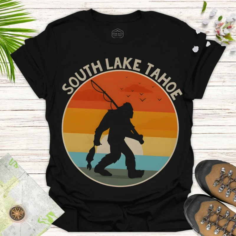 Gone Fishing with Bigfoot Tee – Lake Adventure Graphic Shirt - black