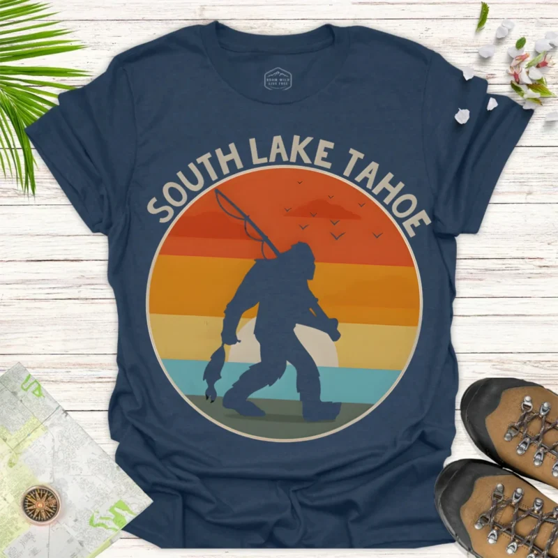 Gone Fishing with Bigfoot Tee – Lake Adventure Graphic Shirt - blue