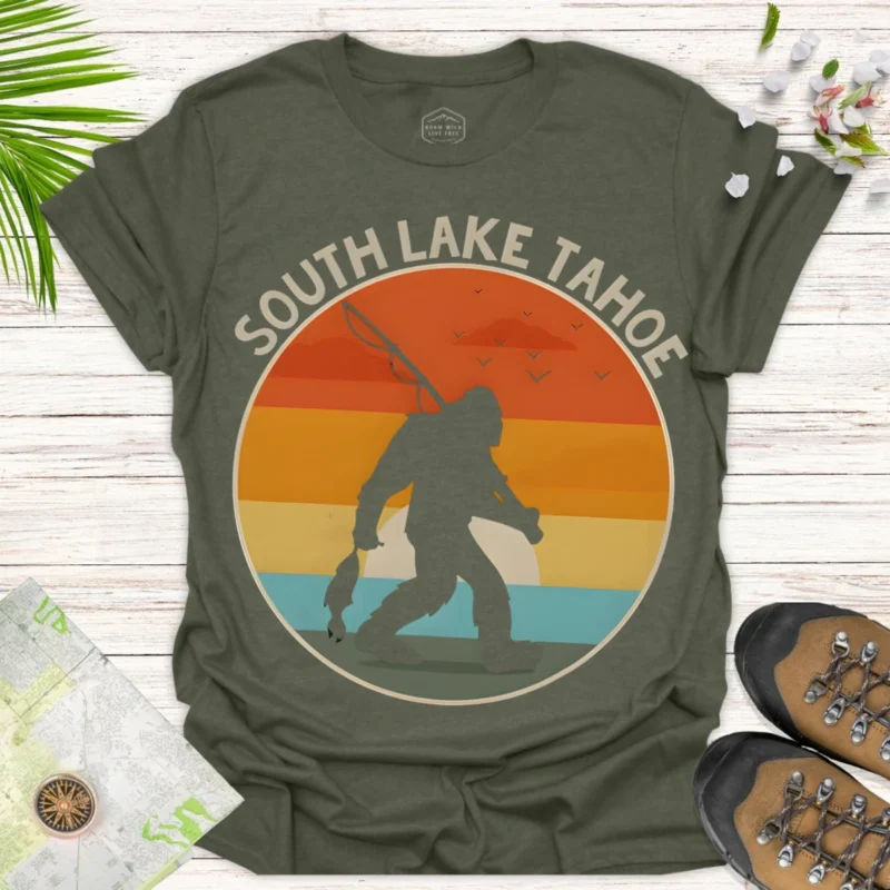 Gone Fishing with Bigfoot Tee – Lake Adventure Graphic Shirt - green
