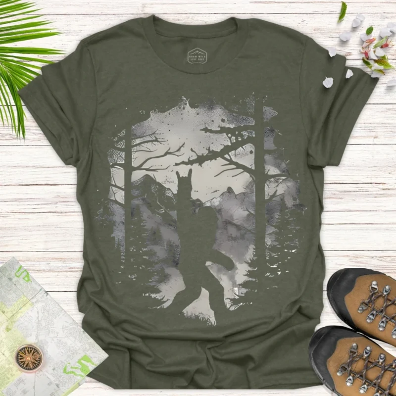 Moody Forest Bigfoot Tee – Wolf & Nature Adventure Shirt - green