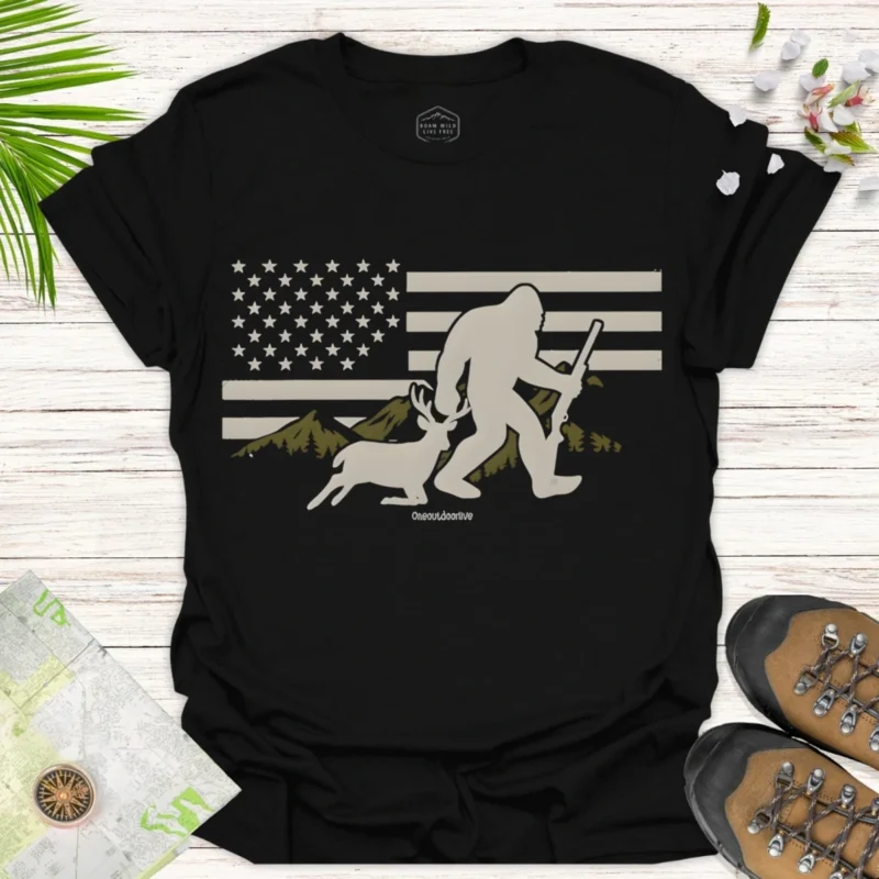 Patriotic Bigfoot Tee – National Flag Outdoor Adventure Shirt - black