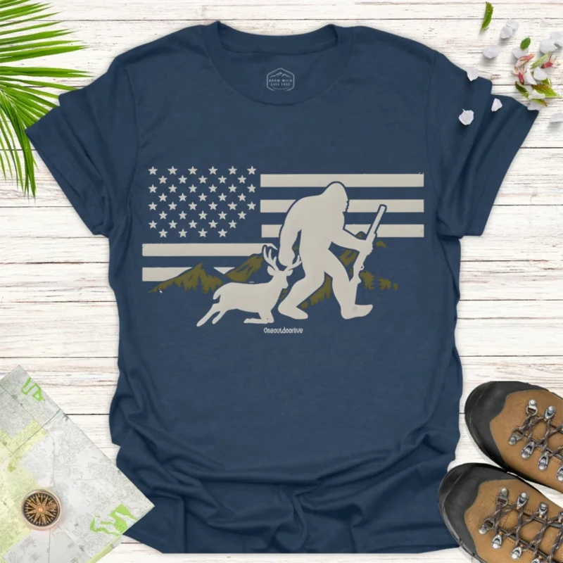 Patriotic Bigfoot Tee – National Flag Outdoor Adventure Shirt - blue