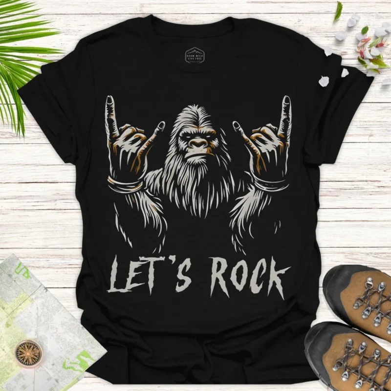 Rockin’ Bigfoot Tee – Funny Music Lover Graphic Shirt - black