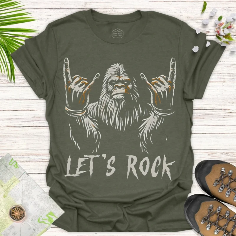 Rockin’ Bigfoot Tee – Funny Music Lover Graphic Shirt - green