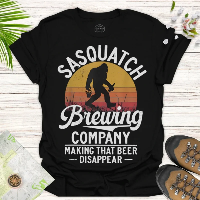 Sasquatch Beer Time T-Shirt – Funny Bigfoot Drinking Tee- black