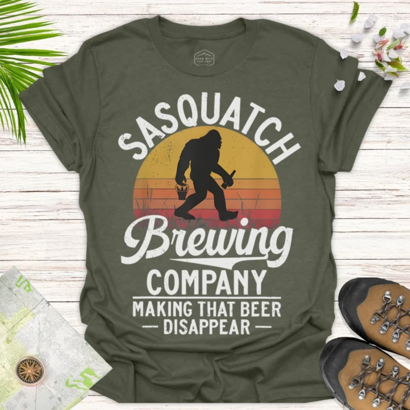Sasquatch Beer Time T-Shirt – Funny Bigfoot Drinking Tee- green