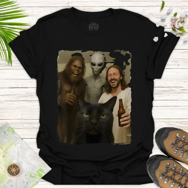 Alien Bigfoot Black Cat T-Shirt, Funny Cryptid Photo