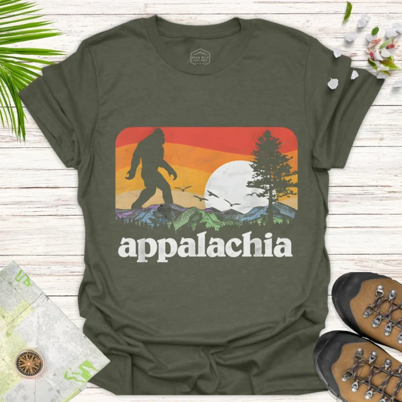 Appalachia Sunset Bigfoot T-Shirt Retro Mountain Hike
