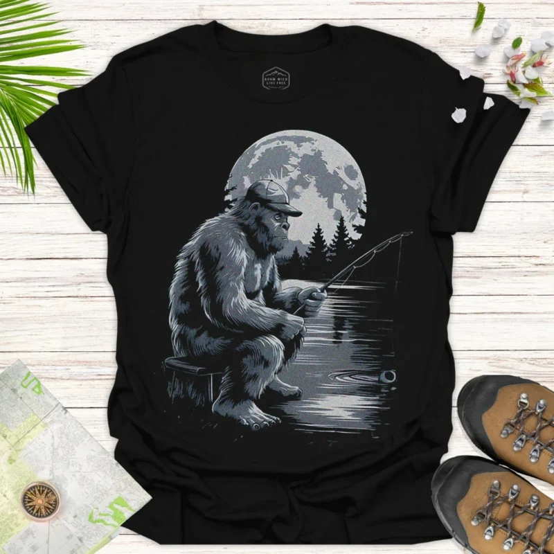 Bigfoot Fishing T-Shirt — Moonlit Sasquatch Graphic Tee