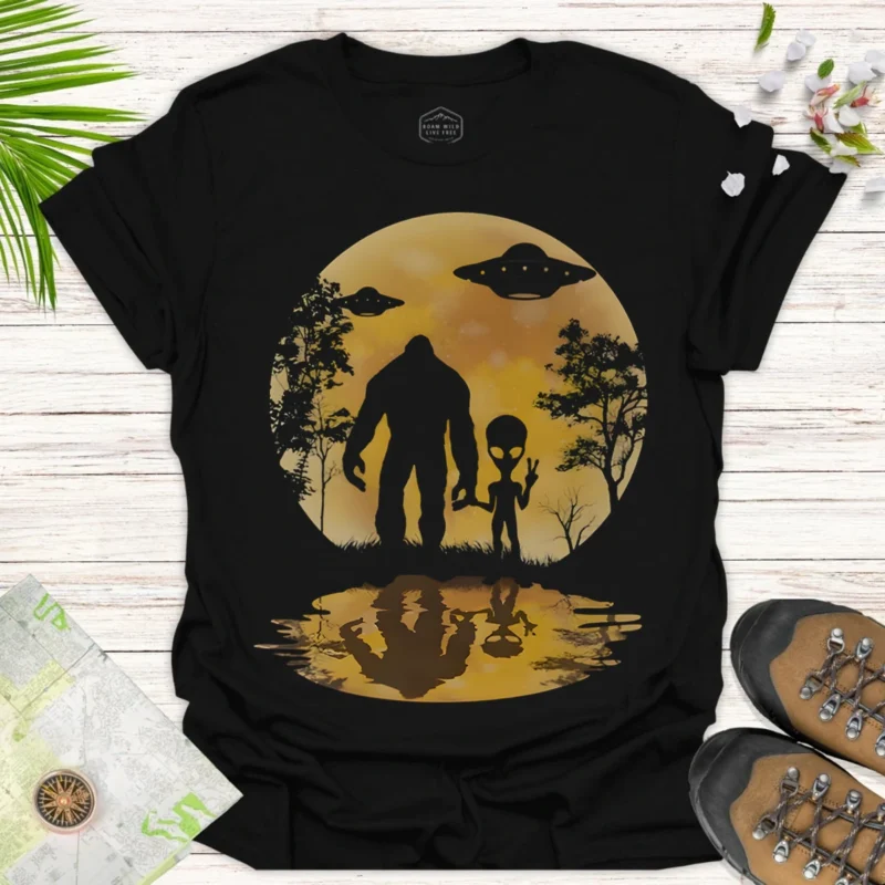 Bigfoot UFO Sunset Tee Alien Landscape Graphic
