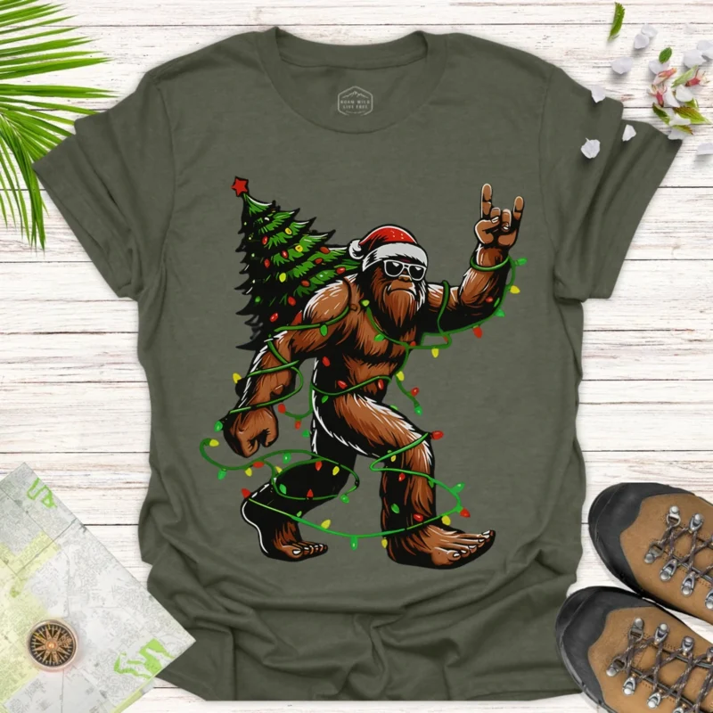 Funny Bigfoot Christmas Tee Holiday Tree Lights Design