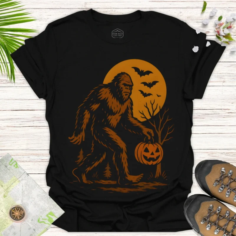 Halloween Bigfoot Tee Vintage Pumpkin Moon Graphic