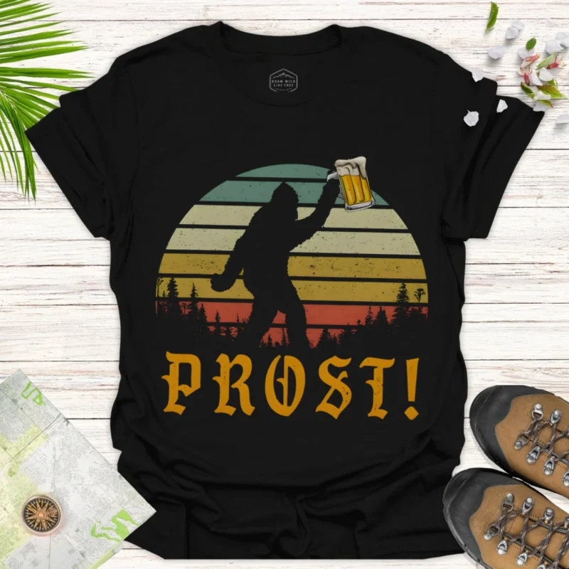 Prost! Bigfoot Beer T-Shirt — Vintage Sunset Sasquatch Drinking Tee