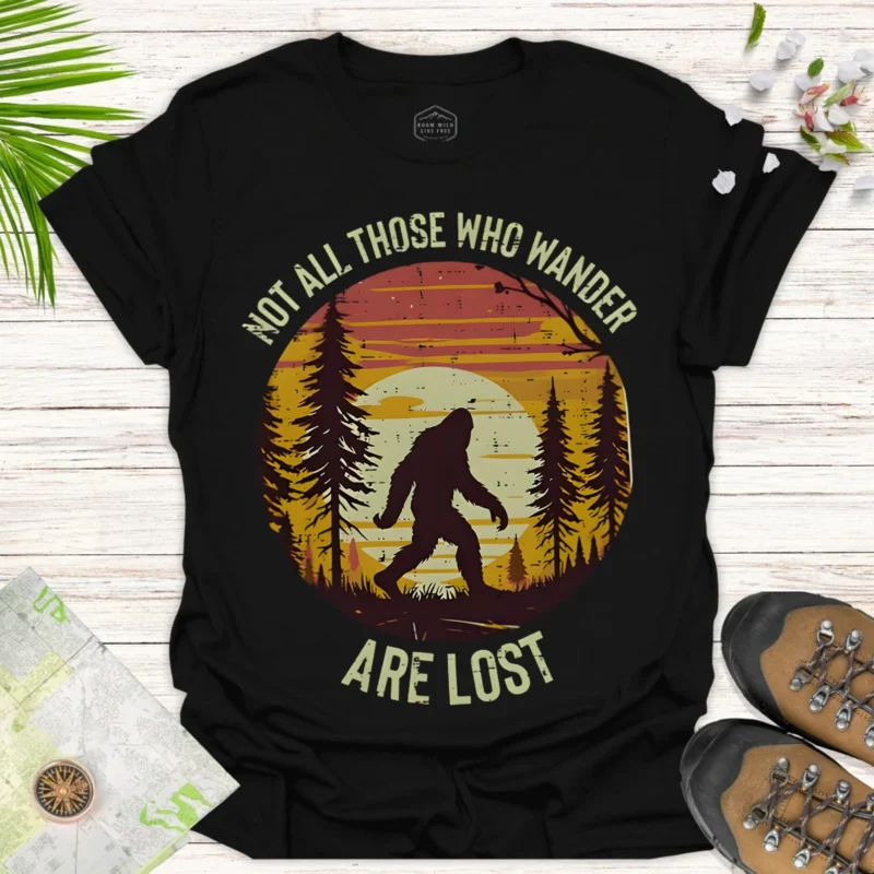 Retro Bigfoot Adventure T-Shirt “Not All Who Wander Are Lost”