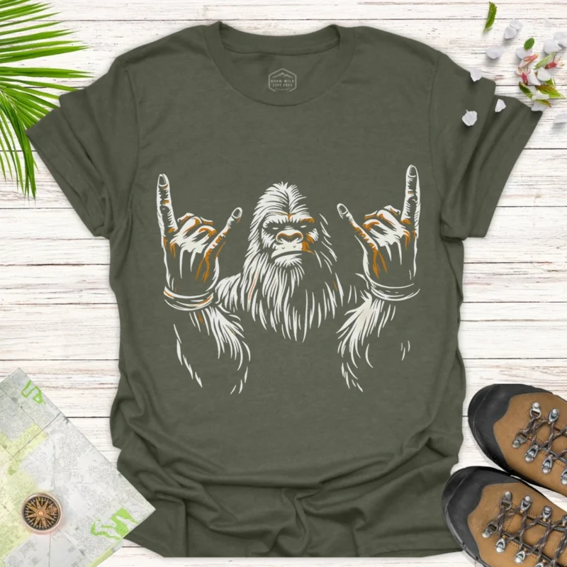Rock On Sasquatch T-Shirt Funny Bigfoot Metal Hand