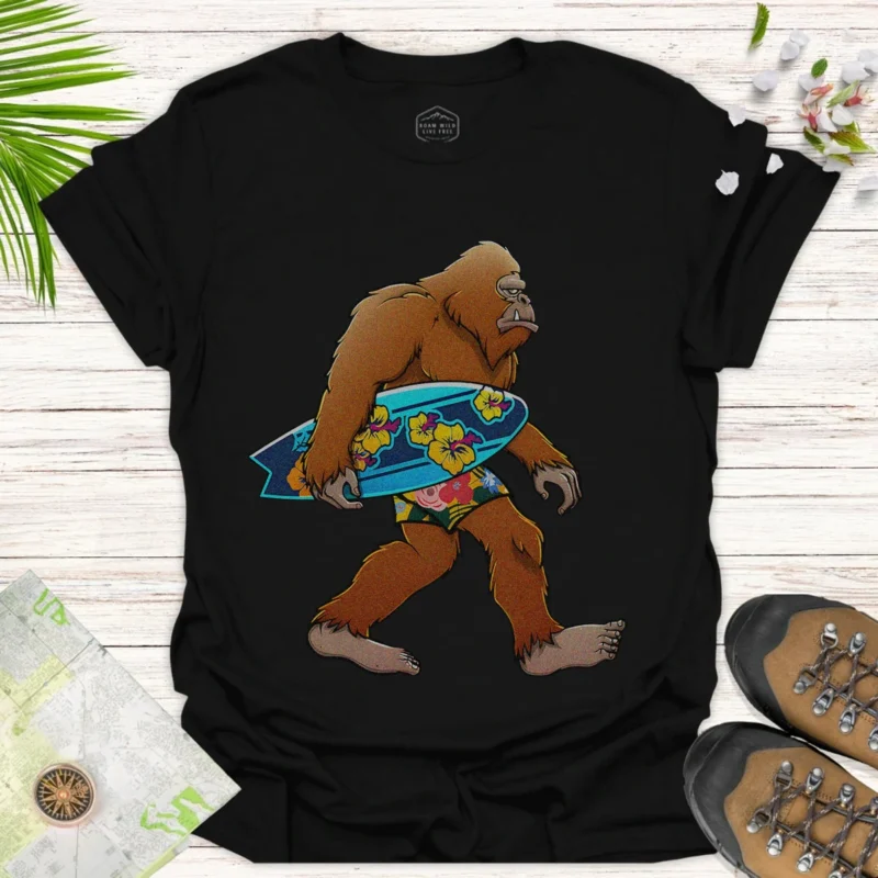 Sasquatch Surfer T-Shirt — Retro Bigfoot with Hawaiian Surfboard Tee - black