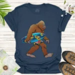 Sasquatch Surfer T-Shirt — Retro Bigfoot with Hawaiian Surfboard Tee -blue