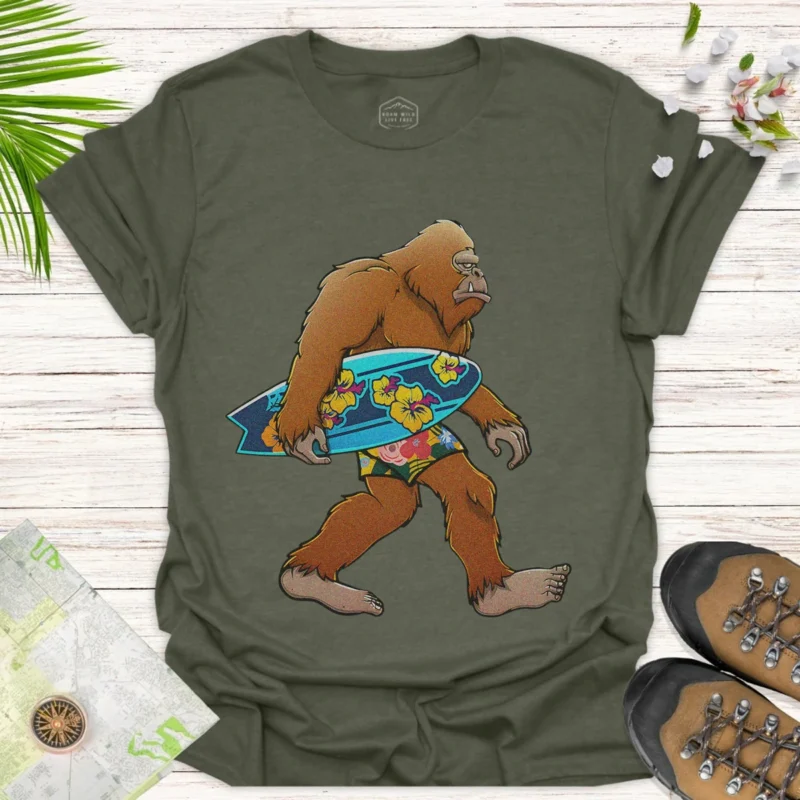 Sasquatch Surfer T-Shirt — Retro Bigfoot with Hawaiian Surfboard Tee - green