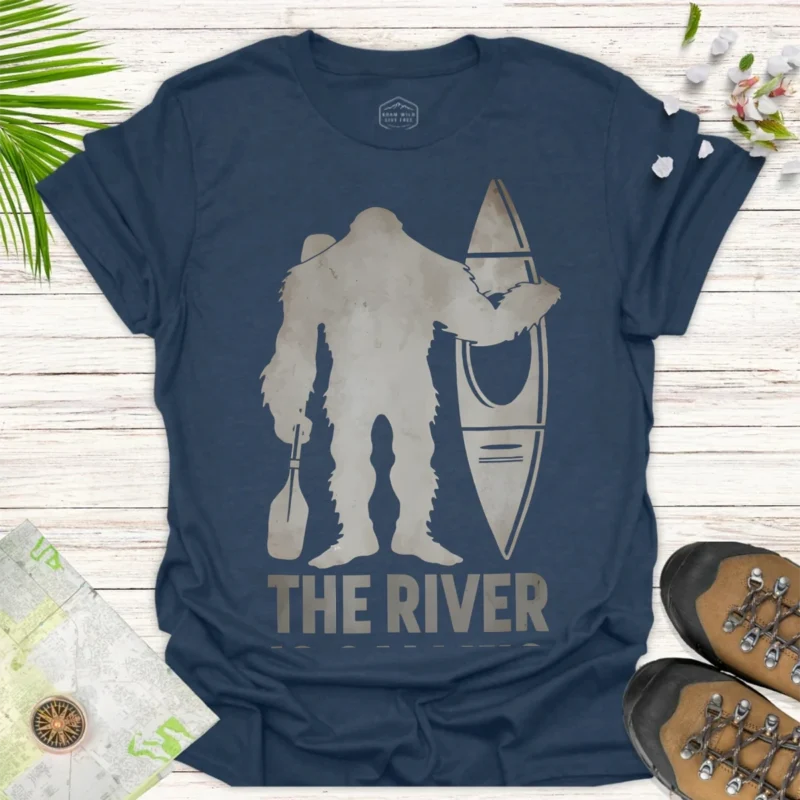 The River Sasquatch Canoe T-Shirt — Outdoor Adventure Graphic Tee blue
