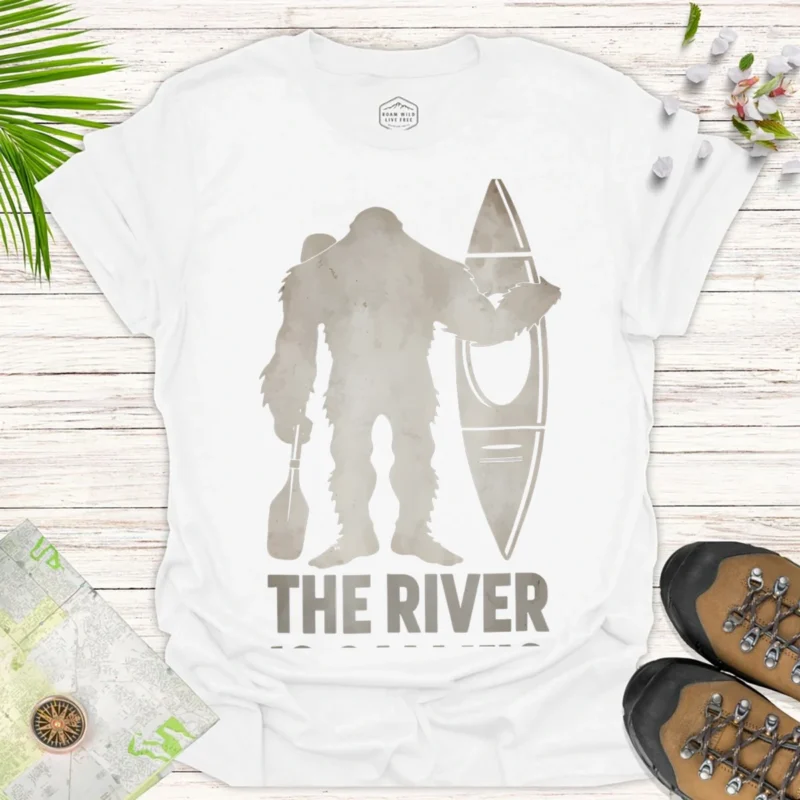 The River Sasquatch Canoe T-Shirt — Outdoor Adventure Graphic Tee - white