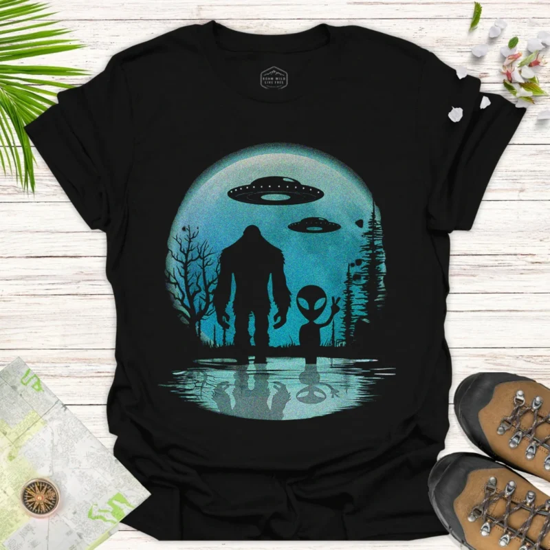 UFO Nightscape T-Shirt with Bigfoot Silhouette